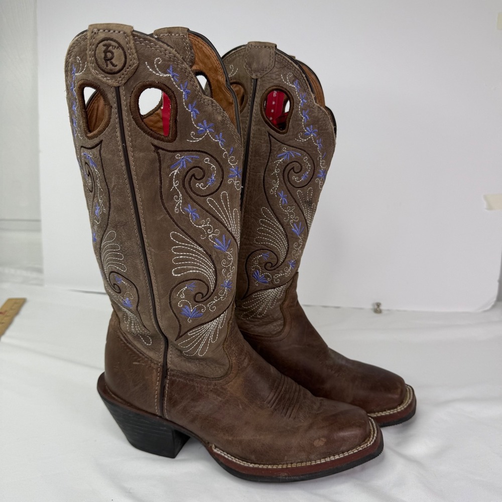 Tony Lama 3R Brown Leather Floral Square Toe Western Boots RR2016L 5.5B